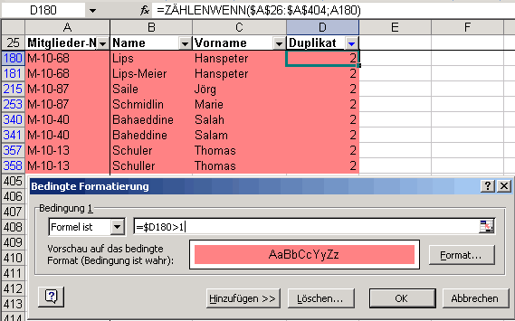Mit ZHLENWENN, Autofilter und bedingter Formatierung in Excel Duplikate aufspren