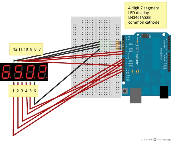Bestckungsplan fr Arduino und multiplexed 4 Digit 7 Segment LED Display vom Typ LN3461AS2B