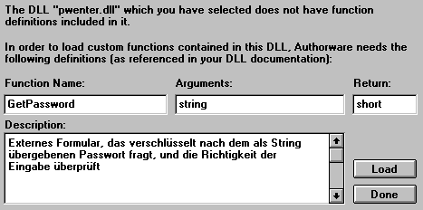 Eingabeformular zur Einbindung von DLLs