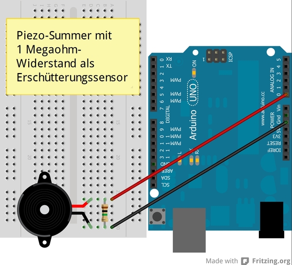Bestückungsplan für Arduino und Piezo-Summer als Erschütterungssensor