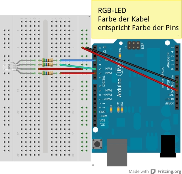 Bestückungsplan für Arduino mit RGB-LED
