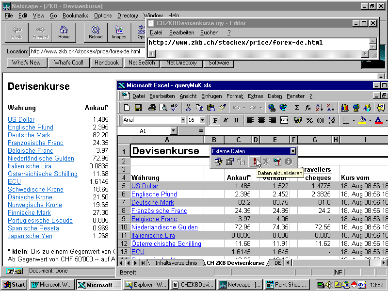 [36 KB; Screenshot :Textfile mit Web Query, Web Daten in Netscape und Excel ]